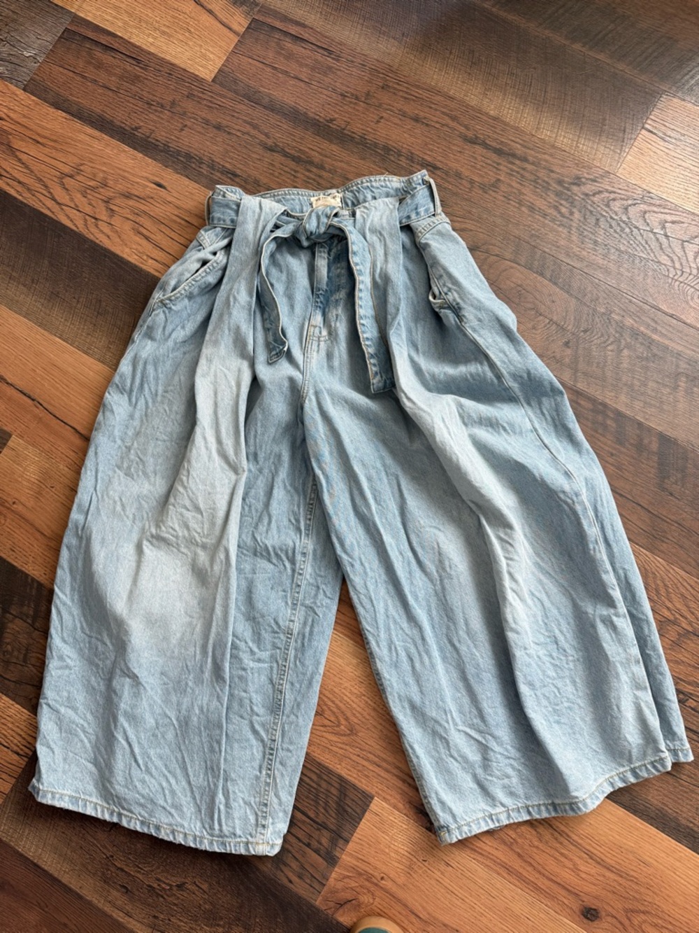 We The Free Light Blue Denim Paperbag Shorts with Tie